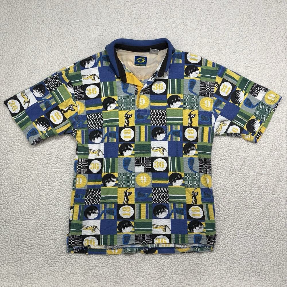 VINTAGE Bugle Boy Golf All Over Print Polo Shirt Mens XL Blue Yellow Green 90s